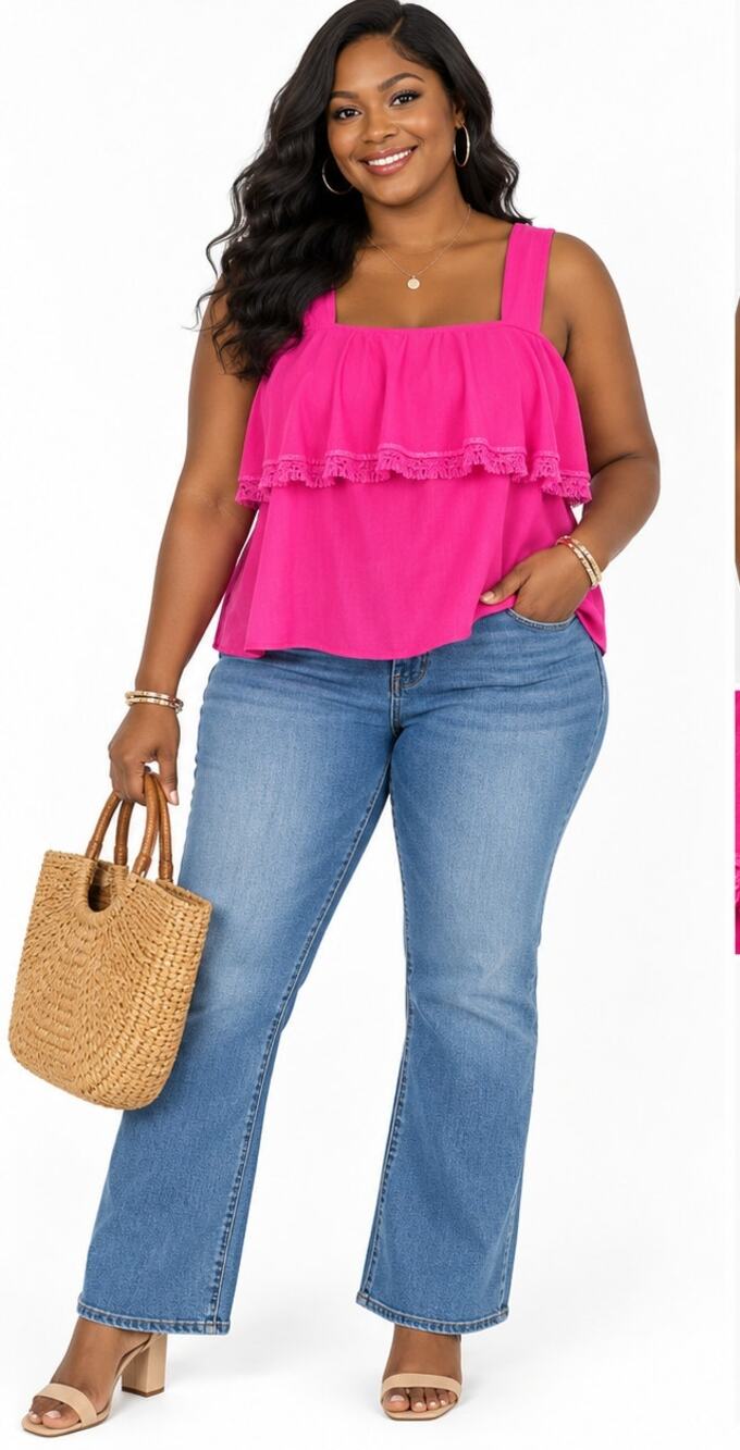 CAD Women’s Large Hot Pink Ruffle Lace Trim Sleeveless Blouse Tank Top EUC